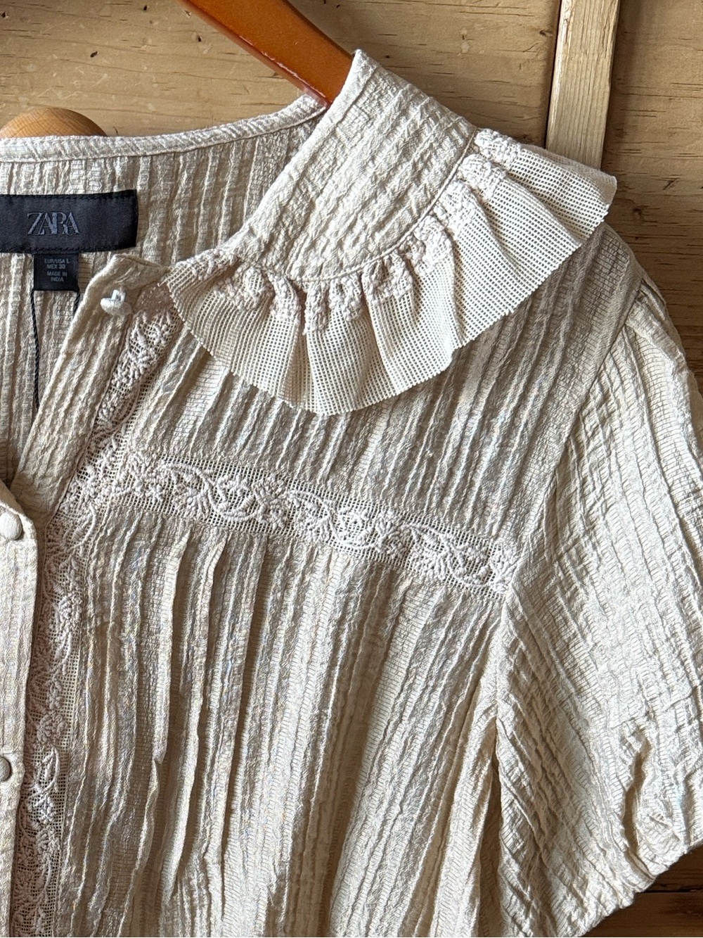 ZARA Light Beige Ruffled Collar Button-Front Women's Top Lace Inset